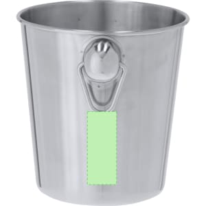 A stainless steel ice bucket with a shiny finish and a handled design, featuring a blank area for branding.