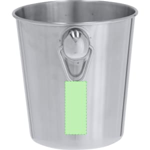 A stainless steel ice bucket with a polished finish and a circular handle, featuring an empty green space for branding.