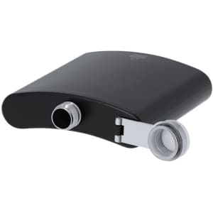 A drink bottle in sleek black with a silver cap and a logo. It features a streamlined, curved design.