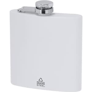A white flask made of recycled stainless steel with a silver screw top and a logo on the bottom.