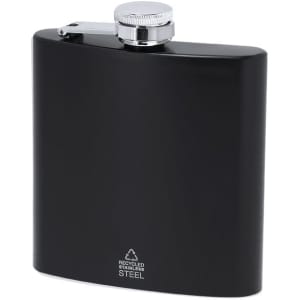 A black hip flask made of recycled stainless steel with a silver screw-top lid and a logo on the front.
