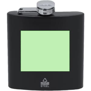 A drink bottle in matte black, featuring a silver cap and a blank area for customisation, made of recycled stainless steel.