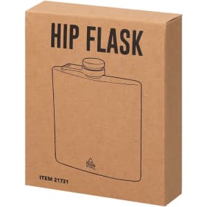 A hip flask packaged in a brown box with a simple design, featuring a logo and a silver cap.