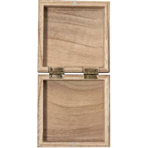 A wooden gift box with a hinged lid, featuring a natural finish and a simple design.