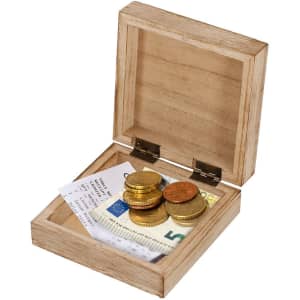 A wooden gift box featuring coins and a ticket inside, showcasing natural wood grain.