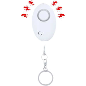 A white personal alarm device with a keyring attachment, featuring sound wave graphics around the button.
