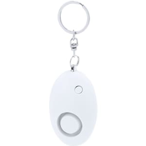 A white personal alarm device featuring a keyring attachment and a button for activation.