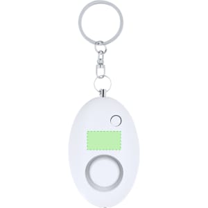 A white personal alarm device with a keyring attachment and a circular button. Features an area for branding.