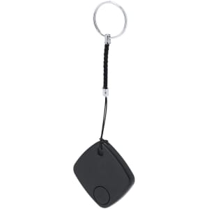 A black tracking device with a keyring and attached cord for easy carrying. It has a simple, rounded square shape.