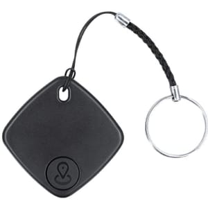 A black tracking device with a keyring attachment, featuring a sleek, diamond shape and a logo.