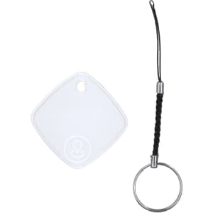 A transparent square tracker with a black cord and metal keyring, designed for connecting to devices.