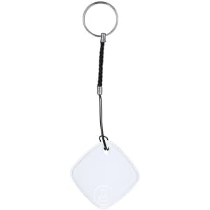 A square white tracker keychain with a black loop and silver ring. It includes a logo on the surface.