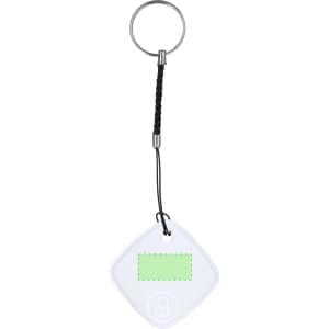 A transparent, diamond-shaped tracker with a green label and a keyring attachment, featuring a black cord.