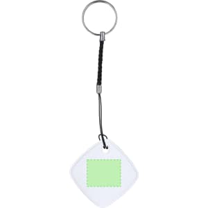 A green and white Zambal Tracker keychain with a loop attachment and a decorative cord.