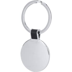 A metallic silver keyring with a circular design and a black accent. It features a simple split ring attachment.