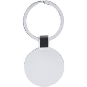 A silver keyring featuring a round disc design and a sleek attachment loop. The surface is reflective and smooth.