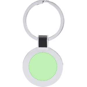 A circular keyring with a chrome finish and a green insert, featuring a small black attachment.
