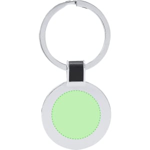 A silver keyring featuring a round, mint green insert and a circular attachment loop.