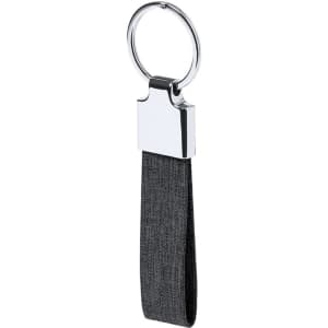 A keyring featuring a chrome metal attachment and a grey fabric strap. It has a sleek and modern design.