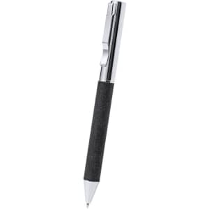 A black pen with a textured grip and a shiny chrome clip, featuring a branding logo.