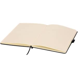 An open black notebook with lined pages, featuring a ribbon bookmark and a textured cover.