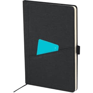 A black notebook with a pocket holding a turquoise card, featuring a ribbon marker and a logo.