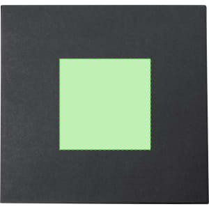 A black gift box with a square cut-out in the centre, featuring a green interior.