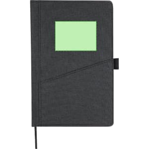 A grey notebook with a green accent and a ribbon bookmark, featuring a logo on the cover.