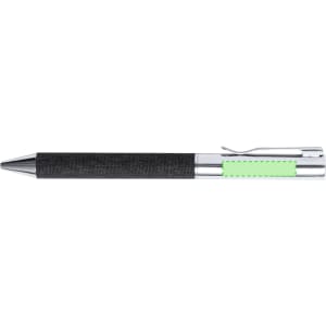A black pen with a textured grip and a green accent. The pen features a chrome clip and tip.