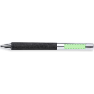 A black pen with a textured grip and a green accent, featuring a sleek metallic tip and a branding logo.