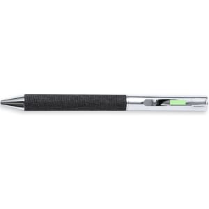 A sleek black pen with a chrome clip and a textured grip. It features branding on the barrel.