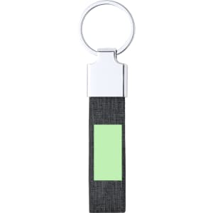 A keyring featuring a silver metal loop and a black fabric strap with a green accent.