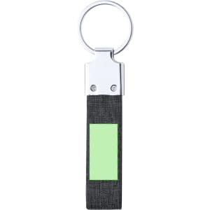 A keychain with a silver ring and a grey fabric strap featuring a bright green section.