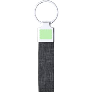A keyring with a grey fabric strap and a silver metal attachment, featuring a square area for customisation.
