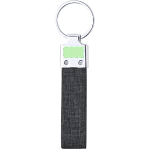 A keyring with a rectangular green section and a grey fabric strap, featuring a metal loop for keys.