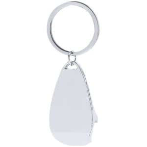 A drink bottle opener keyring, featuring a shiny silver finish and a circular keyring attachment.