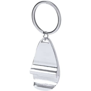 A drink bottle opener keyring in shiny silver metal with a simple, sleek design and a circular ring attachment.