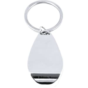 A drink bottle opener keyring in a shiny silver finish, featuring a circular keyring attachment.