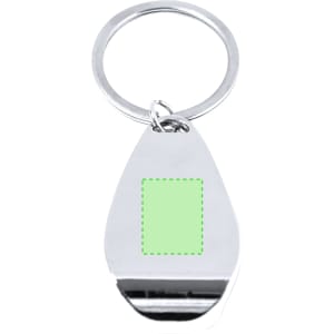 A drink bottle opener keyring in silver, featuring a sleek teardrop shape and a blank area for custom branding.