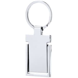 A silver keyring holder featuring a rectangular design and a circular attachment. It has a polished finish and a logo.