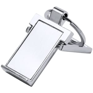 A silver keyring with a rectangular pendant and a split ring attachment, featuring a branding logo.