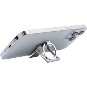 A silver keyring holder designed to support a smartphone in an upright position. Features a ring for attachment.