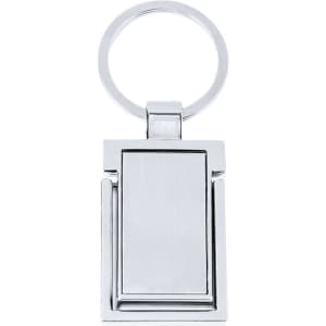 A silver keyring holder with a rectangular design and a circular ring for attaching keys.
