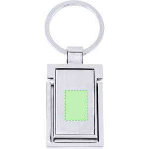 A silver keyring with a rectangular hinged design and a blank area for custom branding.
