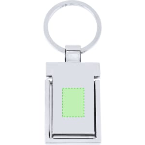 A silver keyring holder with a secure clip feature and a plain green rectangular area for customisation.