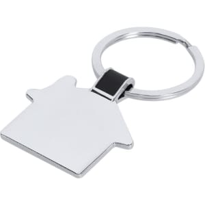 A silver house-shaped keyring with a black attachment loop. Features a polished metallic finish.