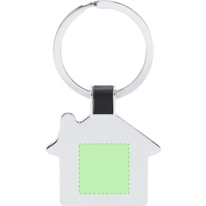A silver keyring in the shape of a house, featuring a blank green square in the centre.