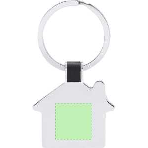 A silver keyring shaped like a house with a blank green square area for customisation.