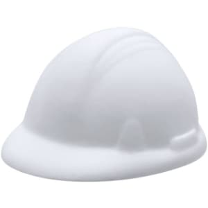 A white stress ball in the shape of a hard hat, featuring smooth contours and a subtle texture.