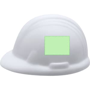 A white hard hat with a smooth surface and a branding area highlighted in light green.